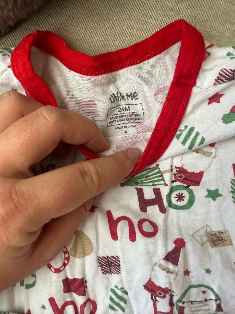 Little Me White Holiday Baby pajamas with Red Trim and Festive Print